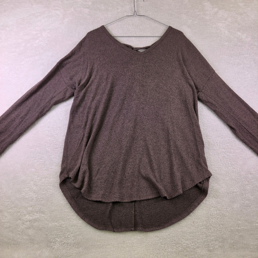 Mauve Brown Heathered Knit Long Sleeve Top Lace Up Back High Low Hem 4062